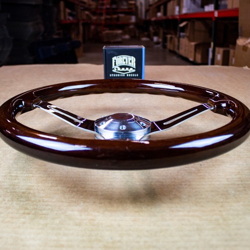 15" Chrome Steering Wheel with Dark Wood Mahogany Grip - 6 Hole Classic - Picture 4 of 7