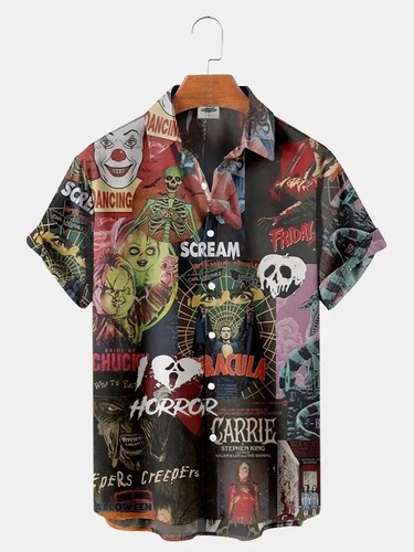 Mens Button Down Shirts Horror Pattern Printed Hawaiian Tops Novelty Ugly Gift - Picture 13 of 30