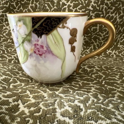 Vecchia tazza e piattino Demitasse floreale orchidea Abbazia Limoges antico dipinto a mano - Foto 11 di 14