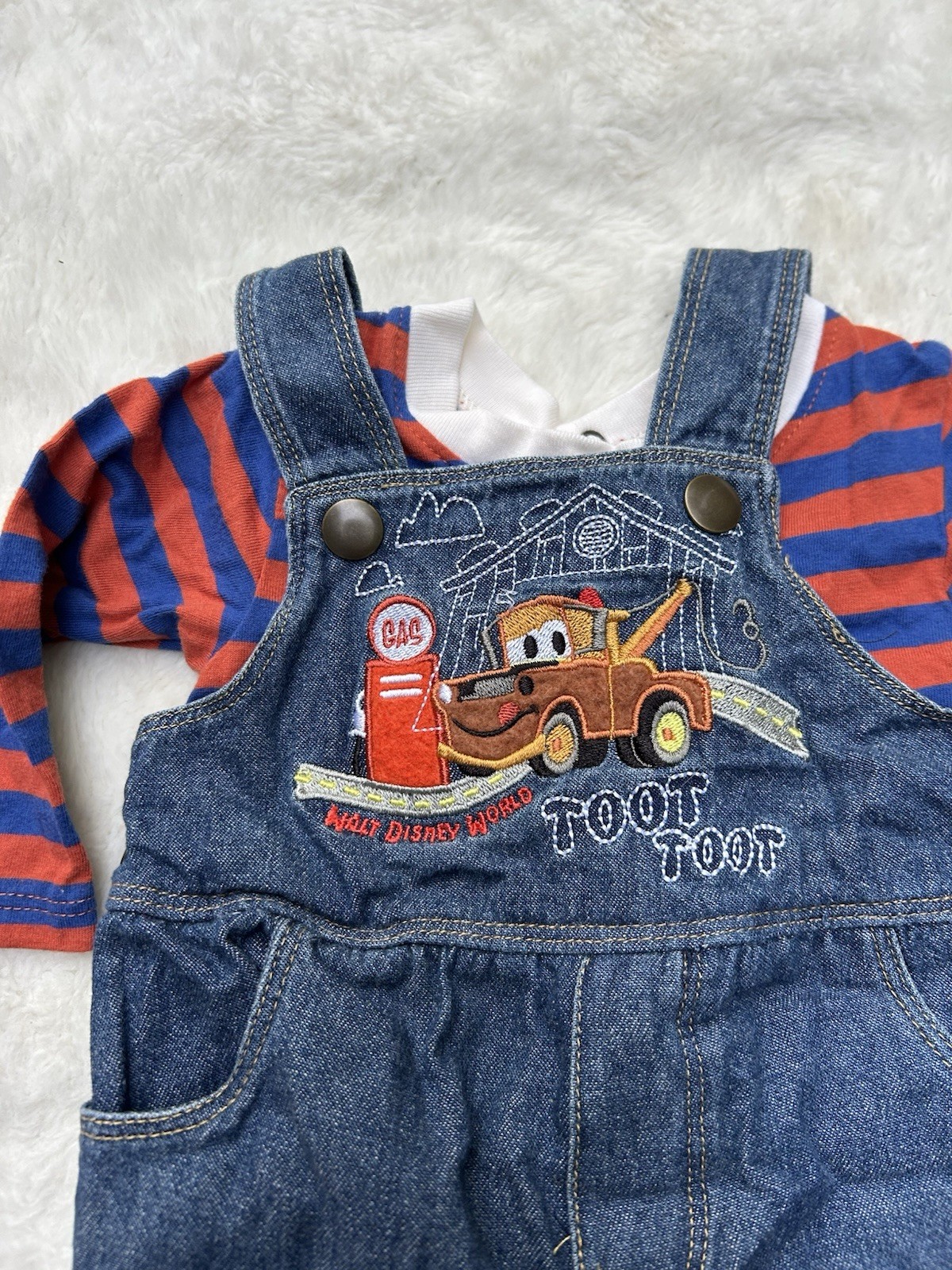 Vintage 00s Disney Pixar Cars Rare Embroidered Tow Mater Overalls 2 Piece Set 3m