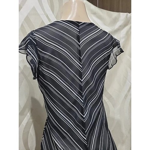 Schwarz weiß Vintage Y2K gestreift Chevron Chiffon fließend Rüschen Trim Slip Kleid - Bild 6 von 6