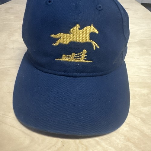Harding Lane Original Needlepoint Hat Blue Horse Jumping Adj Cap Kids - Picture 2 of 6