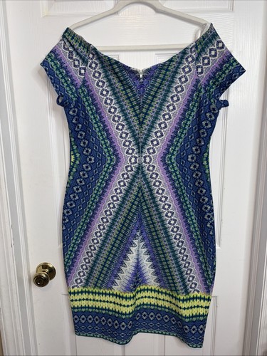 Bisou Bisou Dress Geometric White Teal Blue Women's Size XL Bodycon 0701-Am - Picture 3 of 4