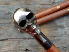 Antique Brass Skull Head Handle Vintage Victorian Wooden Walking Stick Cane Gift