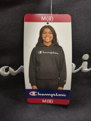 Champion Girls Medium (8) Logo Kangaroo Pocket Fleece Pullover Hoodie Black H3-1 - Picture 8 of 8