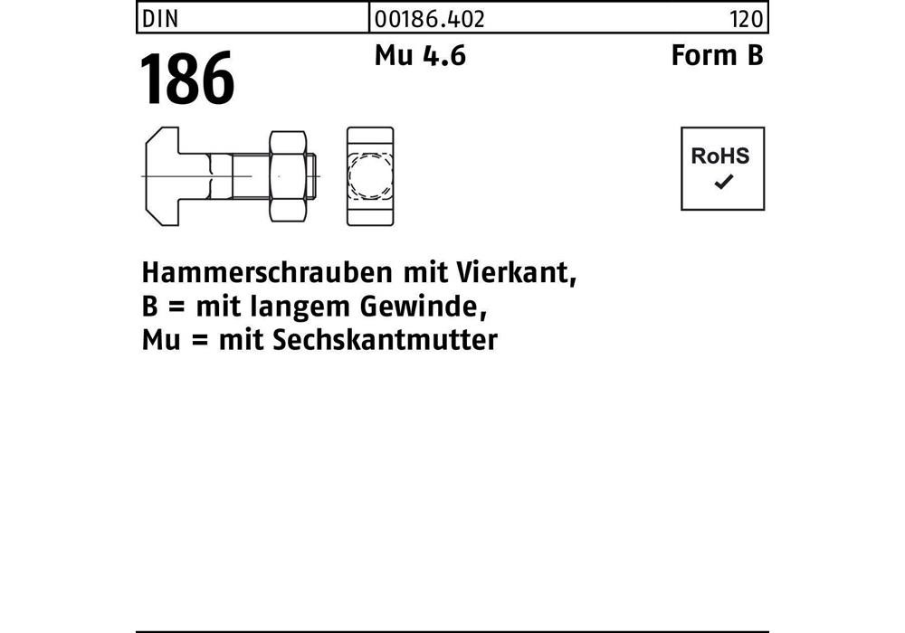 Reyher Hammerschraube DIN 186 Форма B Vierkant m.6-kantmutter BM 6 x 50 Mu 4,6