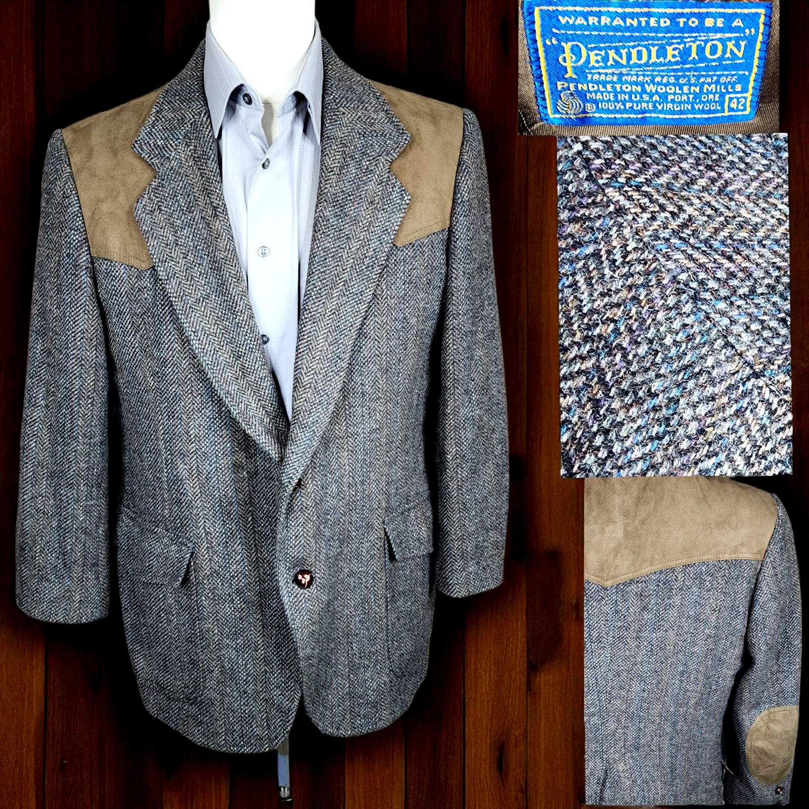 Pendleton Vintage Blazer Mens 42S Gray  Herringbone Tweed Western Elbow Patches