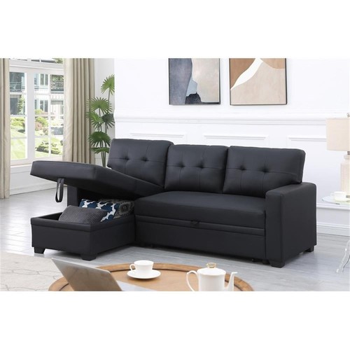 Devion Furniture Faux Leather Reversible Sleeper Sectional Sofa-Black - Picture 11 of 16