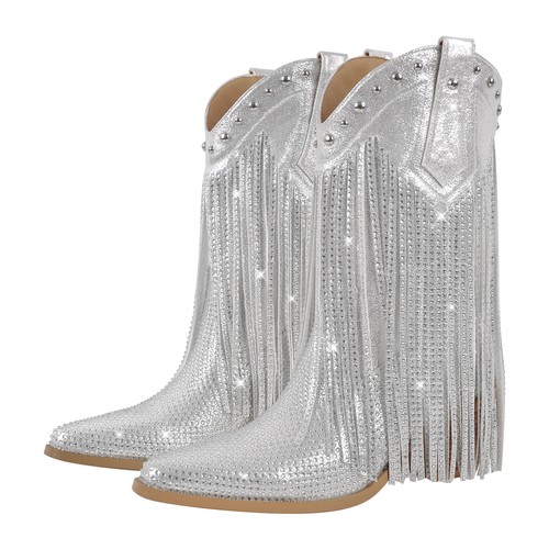 Women's Tassels Fringed Mid Calf Boots Rhinestone Glitter Short Ankle Booties - Bild 20 von 41