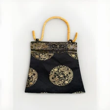 Citron Santa Monica Bamboo Handle Silk Embroidered Dragon Asian Tote Purse RARE