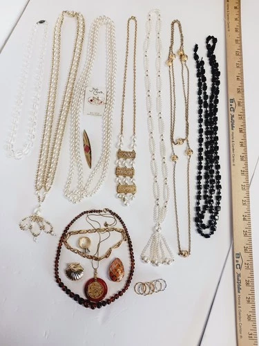 Lot Vintage Costume Jewelry Oranges Golds Long Pearls Deco Beads Ring Sz 5 Nice!