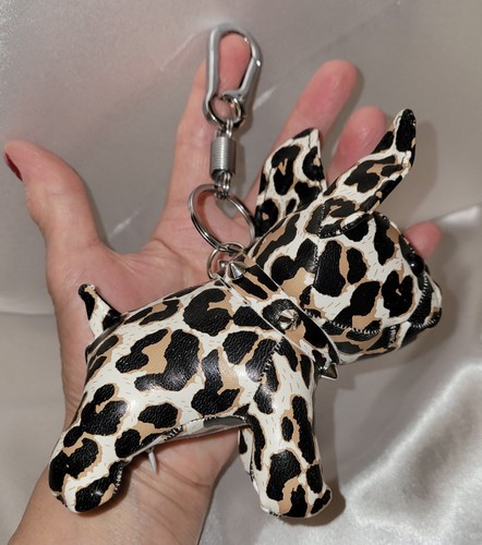 Frenchie Bulldog Faux Leather Leopard Print Bag Charm Keychain NWOT Silvertone - Picture 8 of 10
