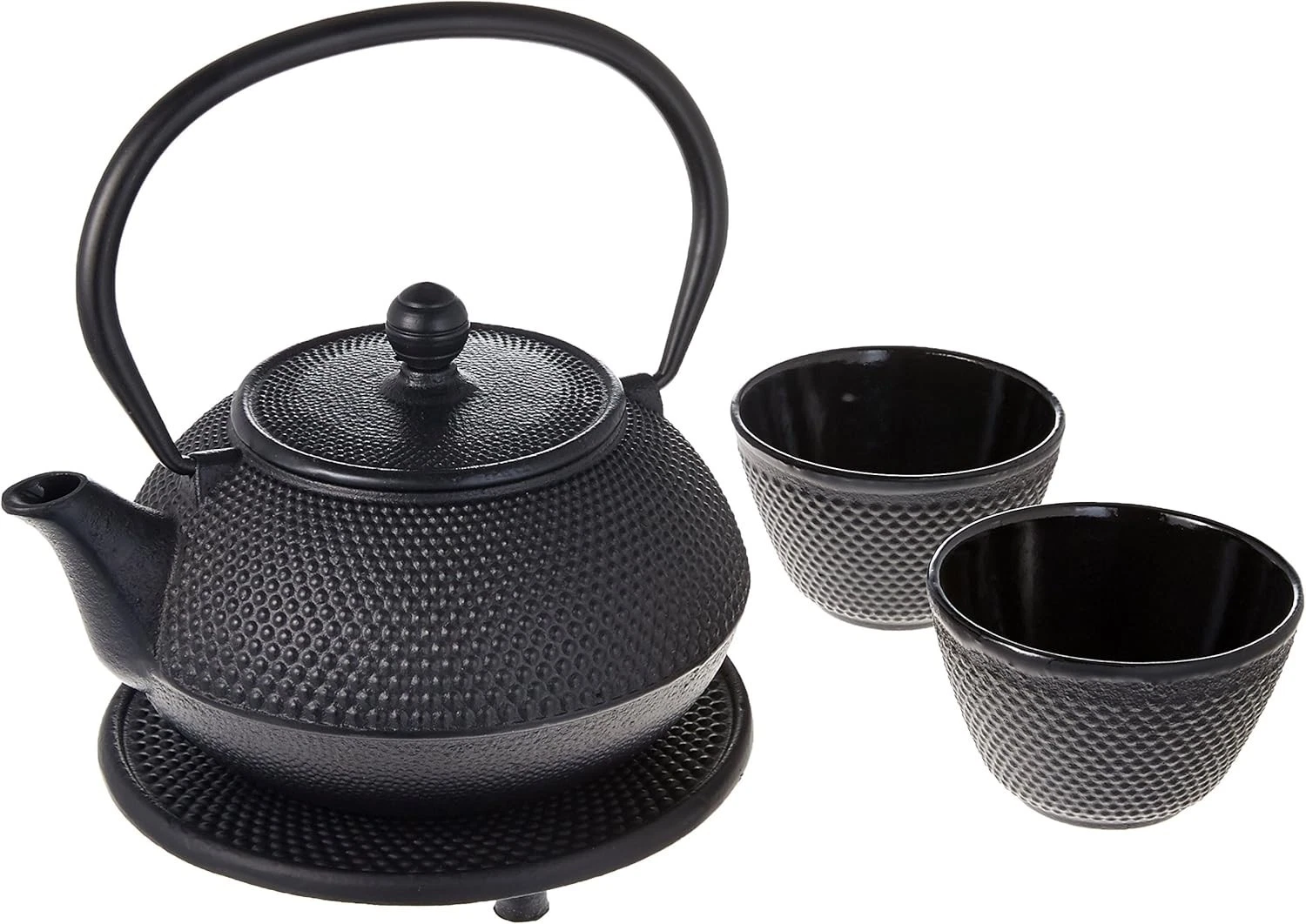 Cast Iron Tea Kettle 2 Cups Set Contemporary Dutch Hobnail Style w/Trivet