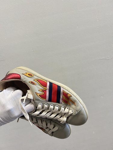 GUCCI Tenis Corte Bajo ACE Fuego Bordado Cuero Lona Gg Cuero 7 UK 8 US - Imagen 8 de 9