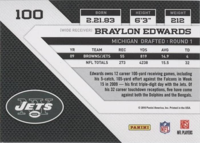 2010 Panini Threads Braylon Edwards #100