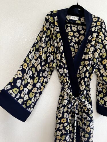 Josie Natori Intimates Robe Kimono Navy Blue Floral Tie Belt One Size