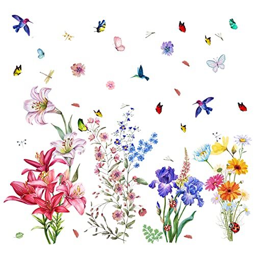 Garden Flower Wall Decals Lily Daisy Butterfly Dragonfly Bird Wall Stickers, - Picture 1 of 7