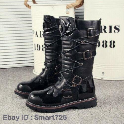 Men Buckle Mid Heel Platform Lace Up Retro Faux Leather Round Toe Combat Boots - Imagen 1 de 12