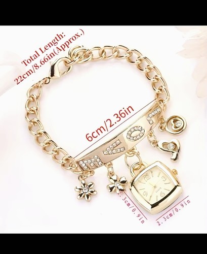 Women’s Yellow Gold Tone Love Diamond Bracelet & Charms Gold Quartz Watch Charm - Picture 4 of 4