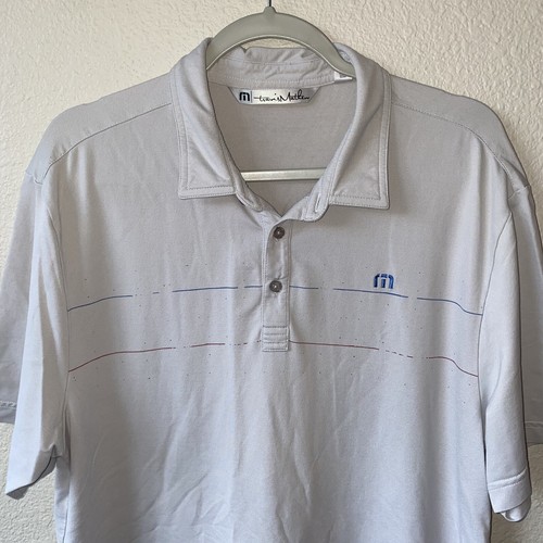 Travis Mathew Polo Shirt Gray with Red & Blue Stripe Large Golf Casual - Picture 2 of 7