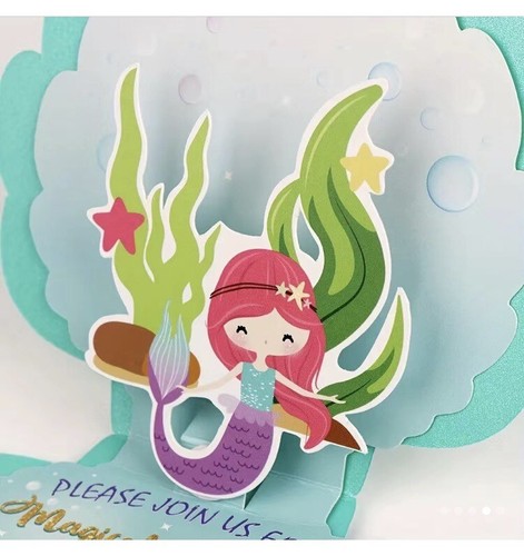 12pcs Mermaid Party Invitations, 3D Pearlescent Mermaid Birthday Party Supplies - Picture 2 of 4