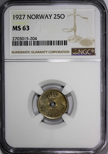 Norway Haakon VII 1927 25 Ore NGC MS63 Center Hole BETTER DATE KM# 384 (204) - Picture 2 of 4