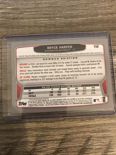 Bryce Harper 2013 Bowman Washington Nationals Card #150 - Picture 2 of 2