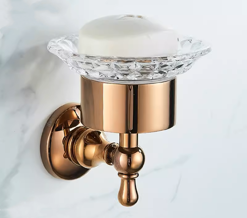 Crystal Glass Soap Dish Brass Holder Bathroom Wall Mounted Polished Rose Gold - Picture 2 of 8