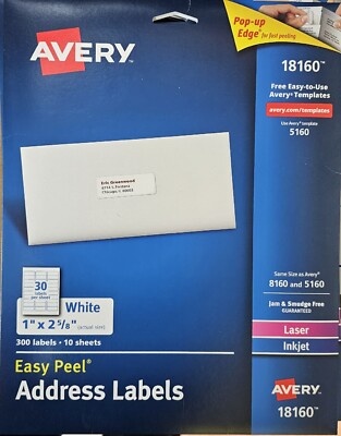 Avery 18160 Easy Peel Address Labels, 1 x 2-5/8, White, 300 Labels/Pack