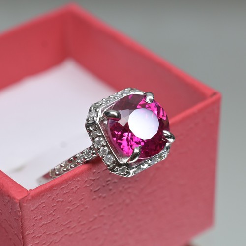 Natural 10mm Pink Sapphire Ring | Certified 925 Silver | Moissanite Accent Stone - Picture 6 of 10
