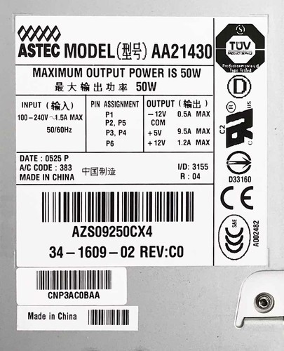 ASTEC PSU - MODEL: AA21430 - 50watt / +5V-9.5A / +12V-1.2A / -12V-0.5A - Bild 3 von 4