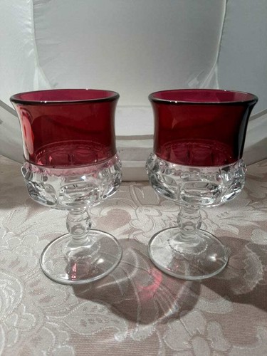 Set of 2 Vtg Tiffin Ruby Red Stained Glass King's Crown Thumbprint Goblet - Picture 1 of 10
