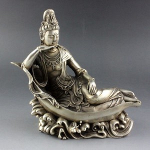 Chinese Silver Buddhism GuanYin Goddess Kwan-yin Buddha Statue