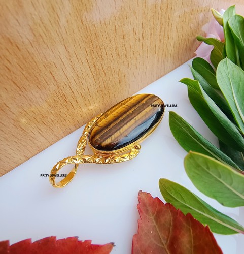 Natural Tiger's Eye Gold Plating Handmade Pendent, 2.32″ Inch Unisex Pendent - Picture 2 of 4