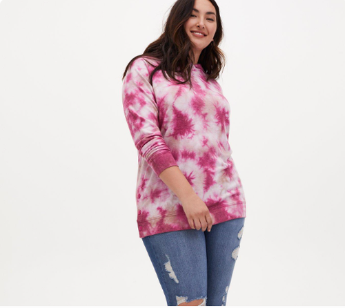 Felpa con cappuccio Torrid French Terry tunica leggera con bottoni cravatta laterale tintura rosa bianca taglia 1 - Foto 2 di 7