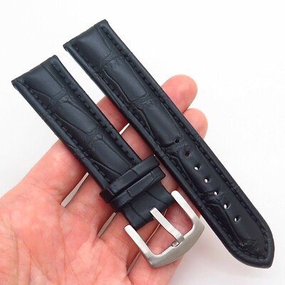 22mm Black Genuine Leather Waterproof Padded Watch Band Strap