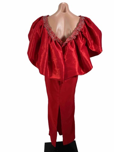 Vintage 90s 80s Sequin Red Puffy Off Shoulder Cocktail Party Prom Dress M/L - Picture 2 of 10