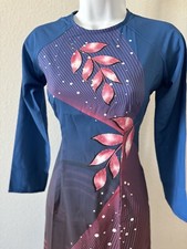 XL- Pre-made- Lotus- Ao Dai ONLY 3D Vietnamese Traditional- Dark Blue