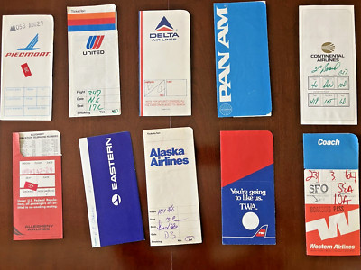 Ten(10) Rare Historic Airline Ticket Envelopes from 1970s and 1980s