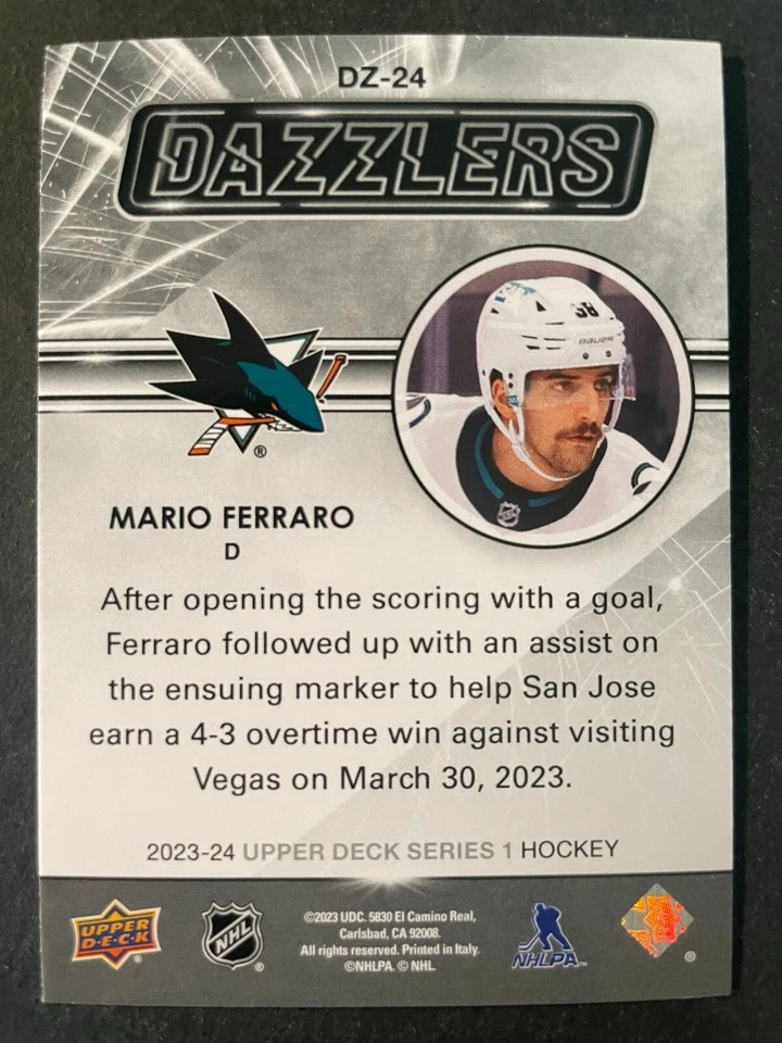 Mario FERRARO 2023-24 Upper Deck Series 1 Dazzlers BLUE #DZ-24 - Image 2 of 2
