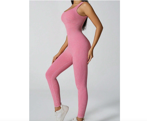 Women's M Solid Color Seamless Jumpsuit Pink Yoga Fitness Workout Running Sports - Picture 4 of 8