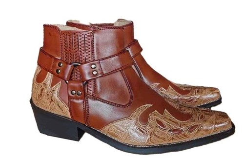 Mens Cowboy Boots Western Slip On Cuban Heel Ankle Harness Riding Biker Shoes Uk - Picture 22 of 22
