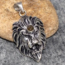 925 Silver Plated Tiger Eye Lion Pendant Handmade Gemstone Size 1.8" JW