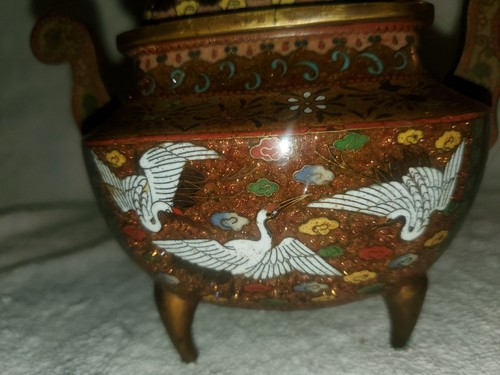 Meiji Japanese Cloisonne Gold Stone Enamel Covered Jar w/ Dragon and Cranes - Picture 7 of 17