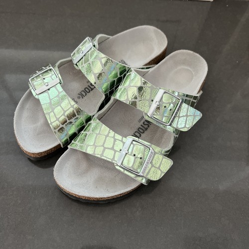 Birkenstock Arizona Gator Gleam Two-Strap Comfort Silver Womens Size 39