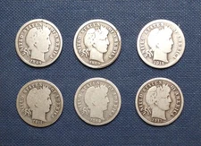 LOT OF SIX BARBER DIMES -- Good (G) or better - all diff, half MM - inc '15-S