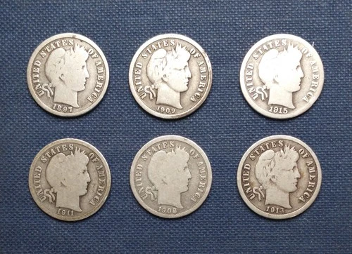 LOT OF SIX BARBER DIMES -- Good (G) or better - all diff, half MM - inc '15-S