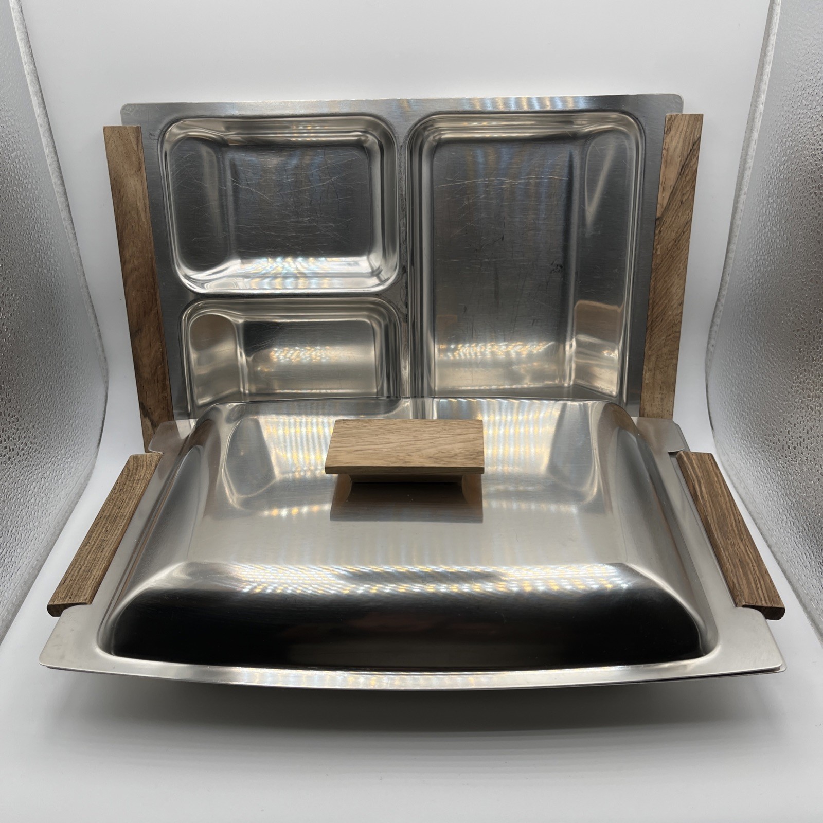 MCM Vtg Kalmar Stainless Steel & Teak Wood Serving Trays + Lid - 3 Piece Set