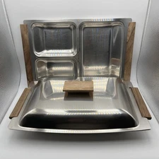 MCM Vtg Kalmar Stainless Steel & Teak Wood Serving Trays + Lid - 3 Piece Set