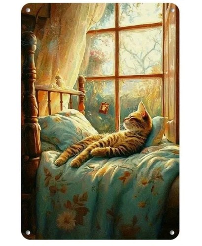 Vintage Katze Metall Blechschild 8x12 | Schlafende Katze Wandbild Wohndeko Indoor/Outdoo - Bild 2 von 7